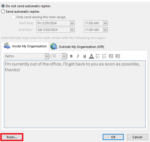 Outlook Automatic Replies Dialog Box with Rules Button Outlined