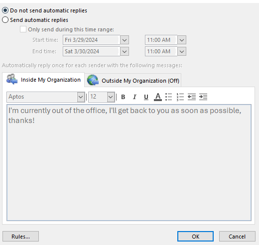 Outlook Automatic Replies Dialog Box