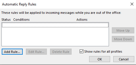 Outlook Automatic Replies Rules Dialog Box