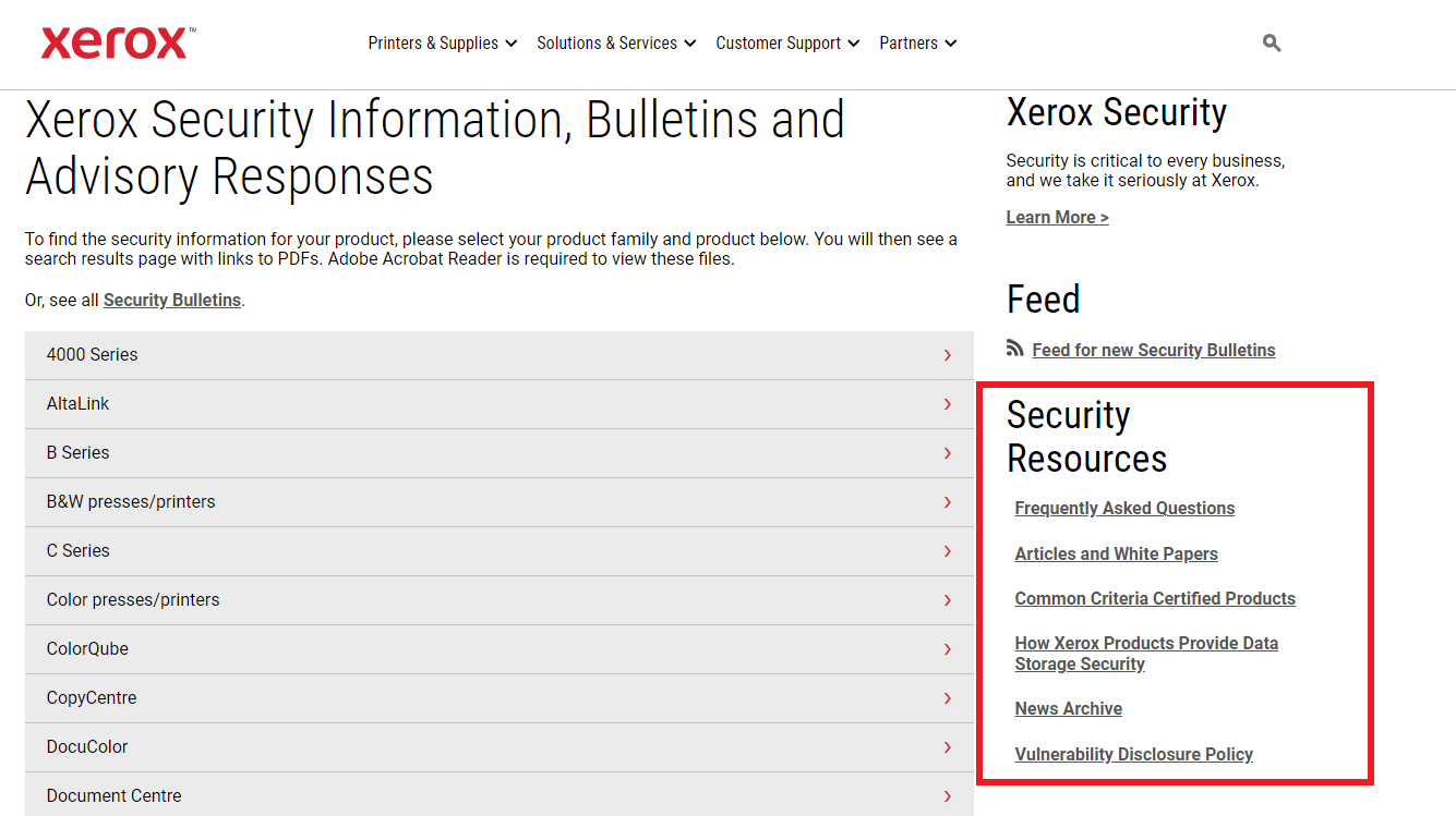 Links to additional Xerox security resources on the Xerox security website