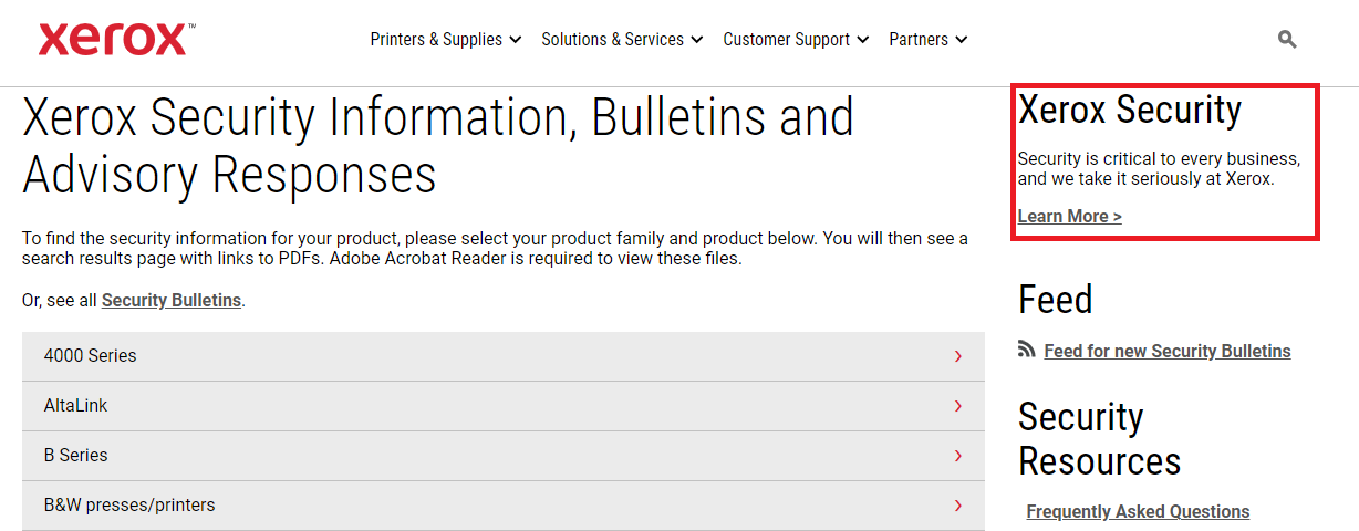 Link to Xerox Data Security page on the Xerox security website