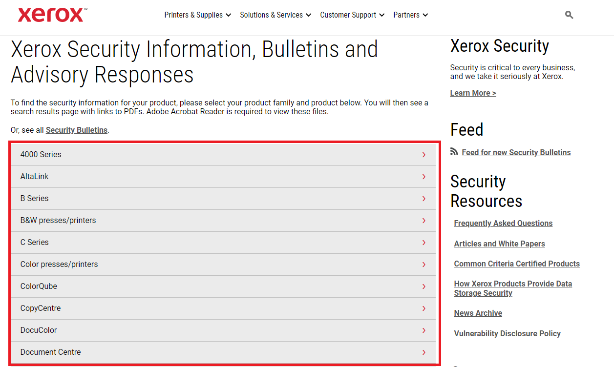 Xerox Security Webpage Product Series Table