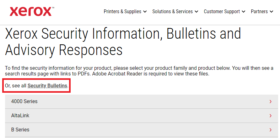 Link to all Xerox security bulletins on the Xerox security website
